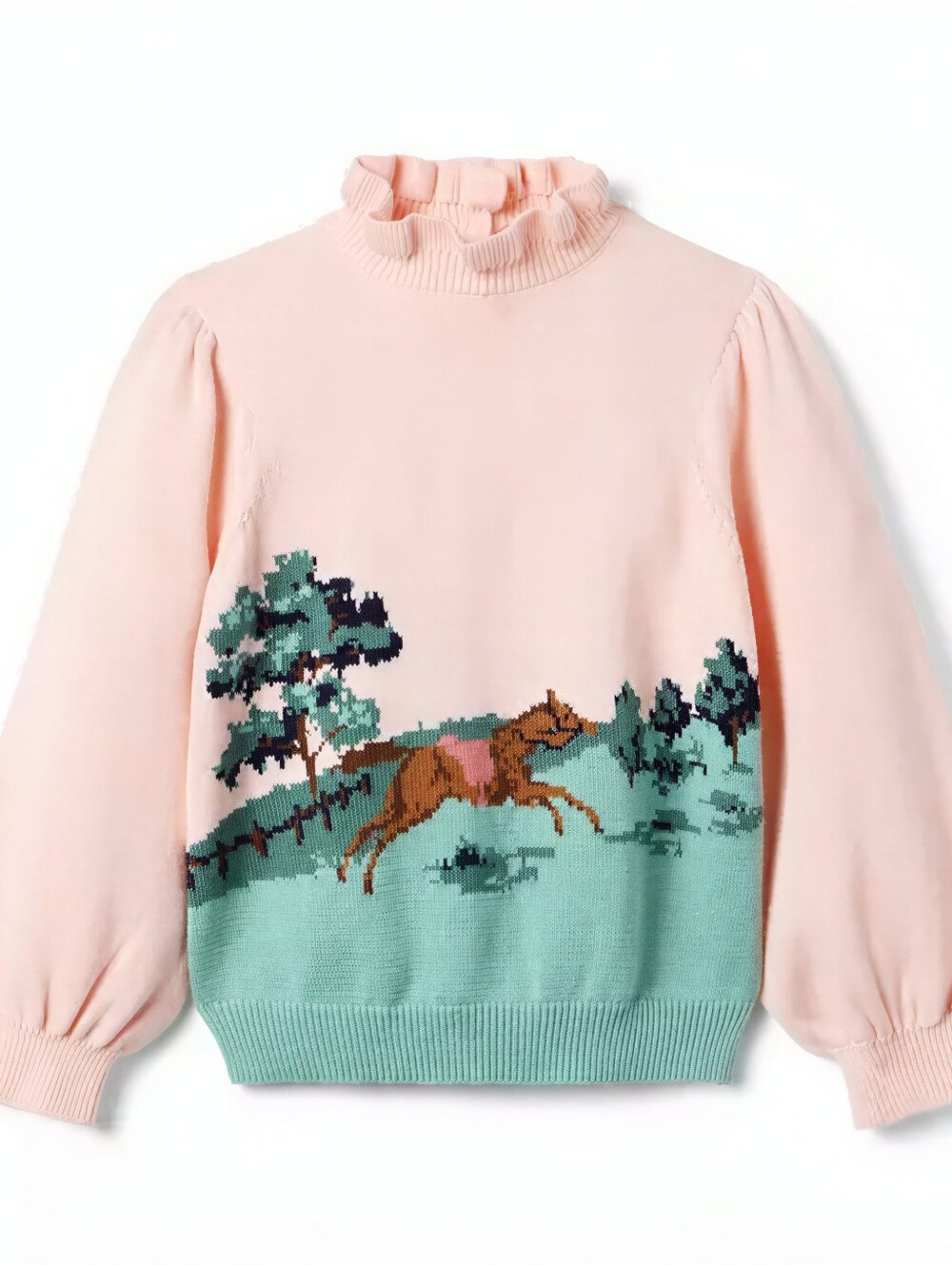 Janie & Jack pink Horse Scene ruffle neck sweater